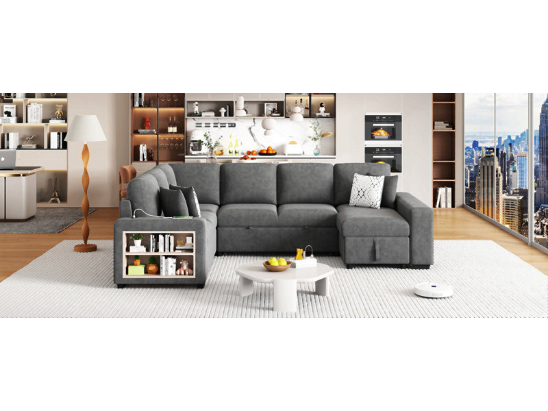 Canapé-lit modulaire en U de 109 po avec deux ports USB, une méridienne de rangement et quatre coussins de dossier pour le salon