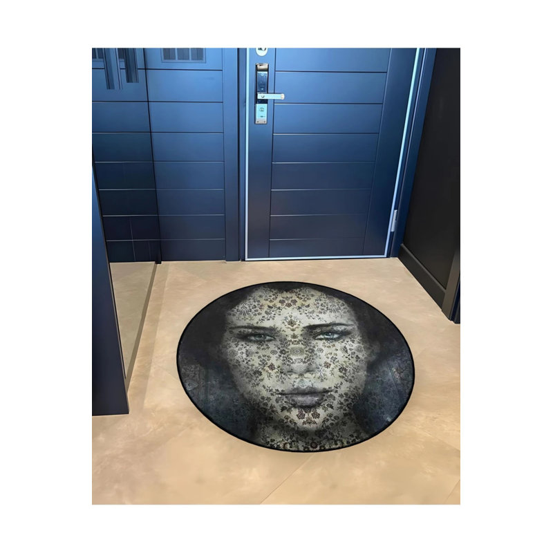 Woven Carpet With A Woman's Face Pattern And Floral Motifs In Dark Tones, Round 2'8"
