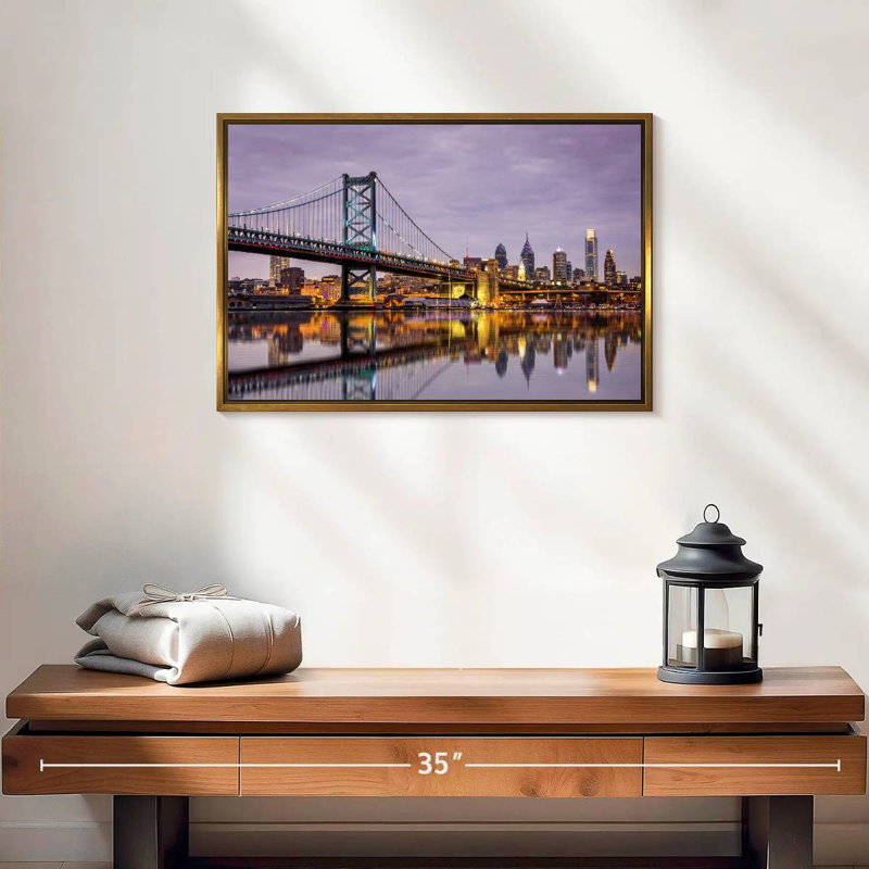 Ben Franklin Bridge Skyline, Floating Frame Gold, 19" X 13"