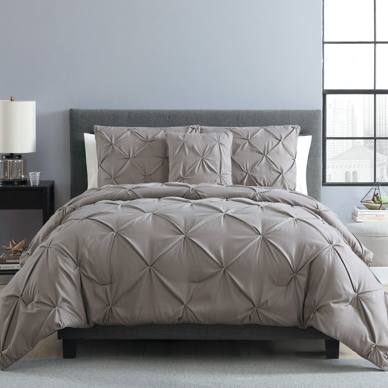 Carmen 3-Piece Pintuck Comforter Set, Gray, King Comforter + 2 Shams + 1 Throw Pillow