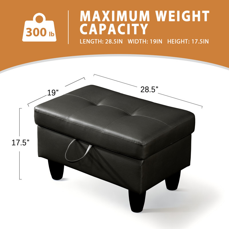 28.5" Wide Black Faux Leather Storage Ottoman, Rectangular Footrest with Tufted Top, Multi-Use Stool for Living Room, Bedroom & Entryway