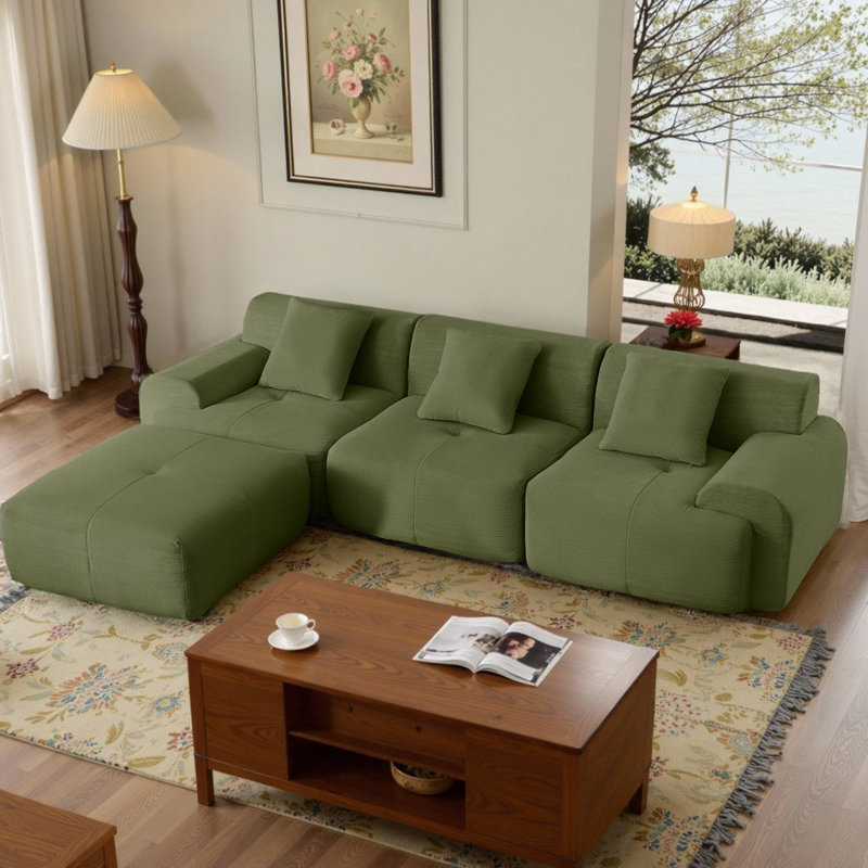 Canapé modulaire en forme de L de 113 po surdimensionné à 3 places avec siège profond et repose-pieds mobile de 113 po, revêtement en velours côtelé, aucun assemblage requis, emballé sous vide pour une livraison facile