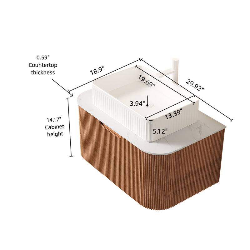 DINA 30"  Bathroom Vanity With Sink, Wall-Mounted Floating Curved Edges Striped Bathroom Storage Cabinet With Drawer, White Rectangular Ceramic Basin, No Faucet, Pre-Assembled, Natural Woodgrain Color