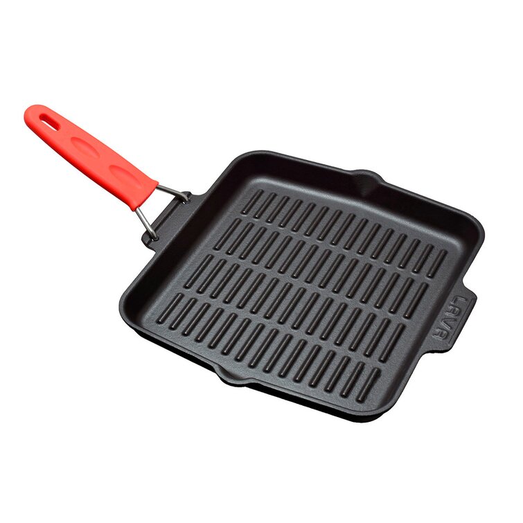 Lava Cast Iron Lava Enameled Cast Iron Mini Grill Pan 6 inch-Square with Beechwood Service Platter LV Eco P GT 1616 K4