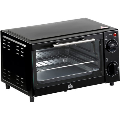 HOMCOM Mini Oven, 9L Countertop Electric Grill, Toaster Oven with Adjustable Temperature, Timer, Baking Tray and Wire Rack, 750W, Black