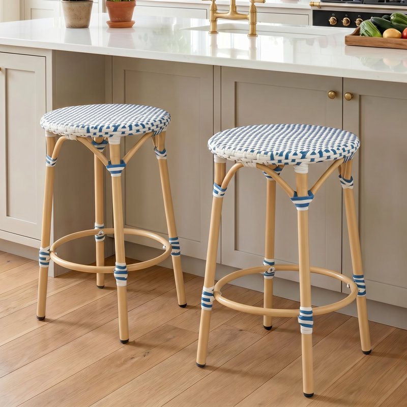 25’’ Rattan Outdoor Bar Stool with Round Footrest, Polyethylene (PE) Wicker Backless Counter Stool for Kitchen Island/Dining Room/Seaside/Garden
