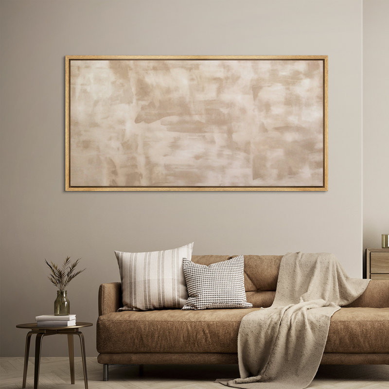 Neutral Beige Brush Framed Canvas Wall Art - Minimalist Modern Abstract Painting Print for Living Room or Study, Natural