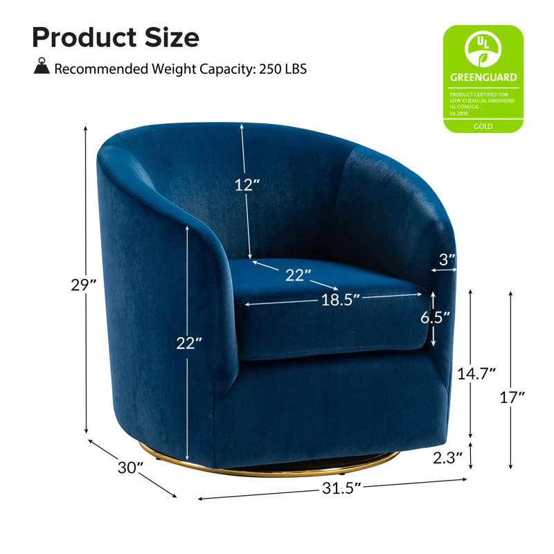 Holden 31.5" Wide Velvet Swivel Barrel Chair, Velours marine