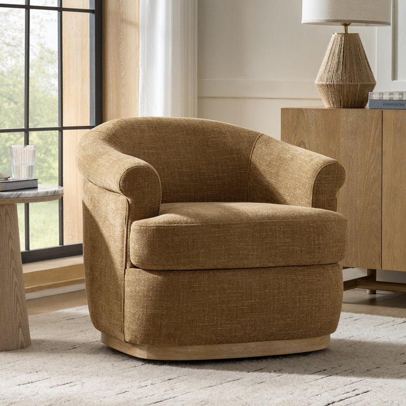 Loki 31.25"W Farmhouse Upholstered Fully Assembled Swivel Barrel Chair, Camel
