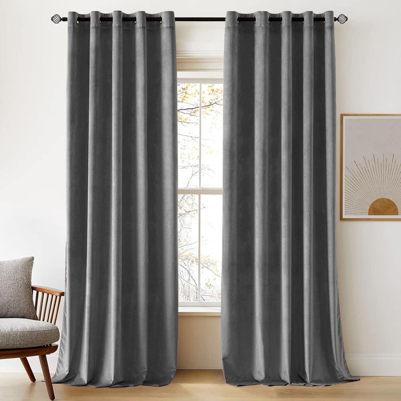 Thermal Velvet Curtains with Eyelet Ring Top - Blackout Crushed Velvet Drapes Pair, 168cm Width x 183cm Drop, Grey