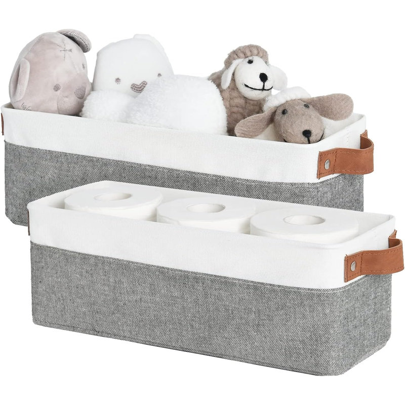 Paniers de rangement étroits, petits paniers, gris et blanc, paquet de 2 avec structure en métal, structure robuste, poignées en polyuréthane, rangement pour papier hygiénique, bacs de rangement longs