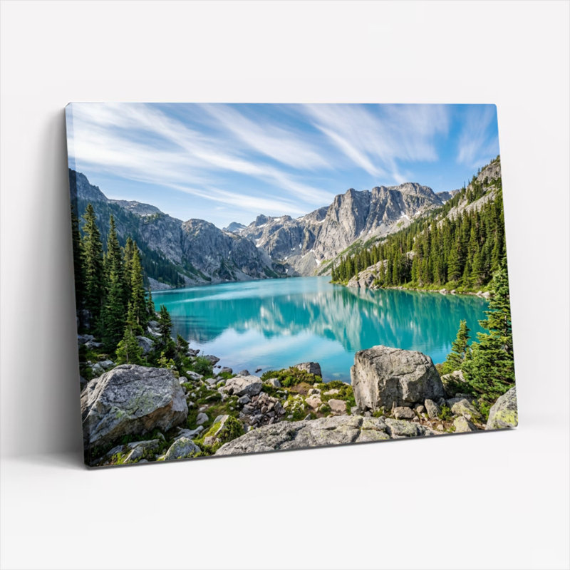 Ensemble de 1 tableau sur toile représentant un lac de montagne, H 12 po x l 18 po, Toile tendue