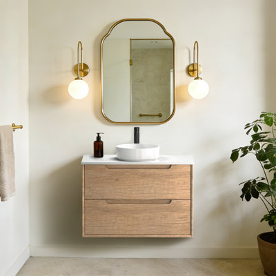 Wall-mounted Bathroom Vanity In Natural Oak With Round Ceramic Vessel Sink
