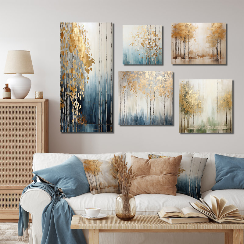 Minimalisme - Forêt bleue et dorée - ensemble de 5 impressions sur toile, Toile tendue