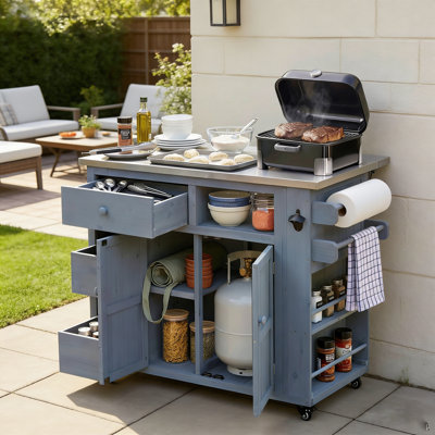 Extendable Solid Fir Wood Outdoor Kitchen Island & BBQ Grill Prep Station With Stainless Steel Top And Locking Wheels