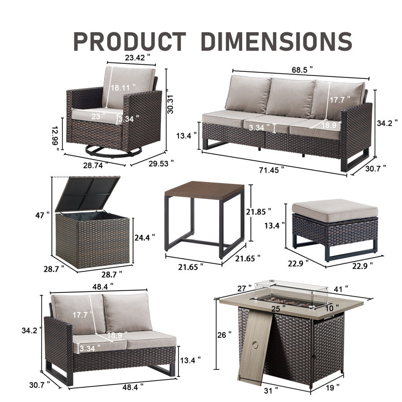 Ingvald 9 Piece All-Weather Wicker Outdoor Patio Family Conversation Set Group With Fire Pit Table, Beige