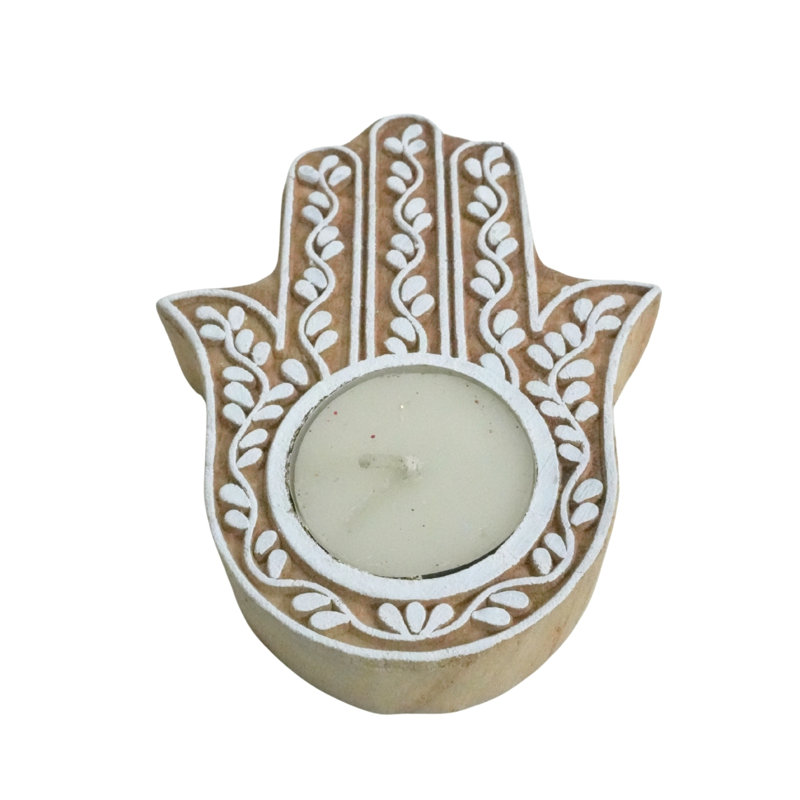  Handmade Block Print Heart Shaped Wooden Tea Light Candle Holder for Home décor, Festive Lighting, and Cozy Table Accents (Pack Of 2)