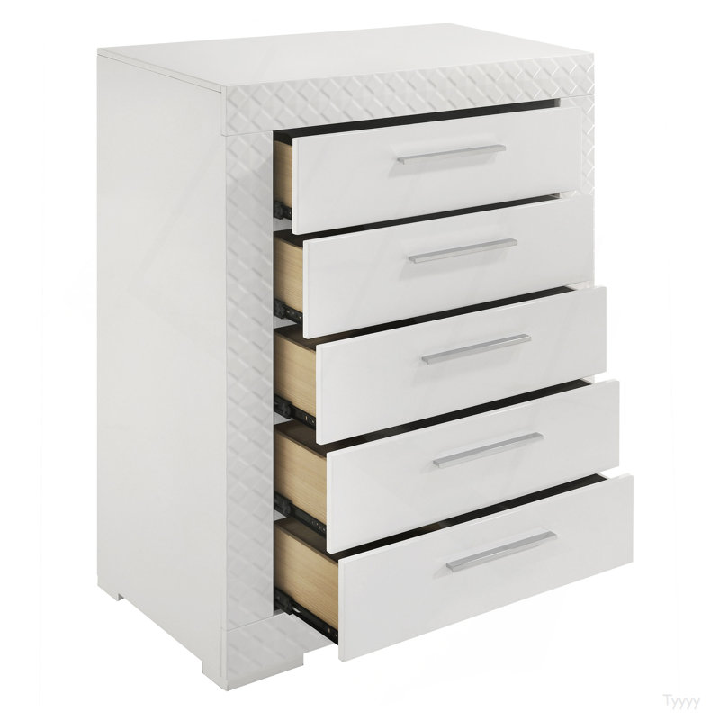 Commode de chambre 5 tiroirs Pierce, Blanc brillant