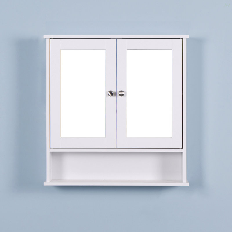 Armoire de salle de bain murale blanche avec 2 portes miroir et une tablette réglable