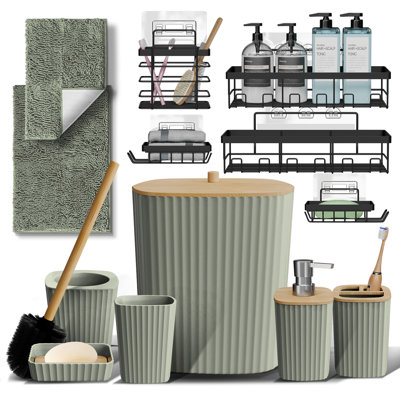 Ensemble complet d'accessoires de salle de bain 13 pièces avec accents en bambou, poubelle, brosse de toilette, 2 tapis de bain et 5 paniers de douche inclus