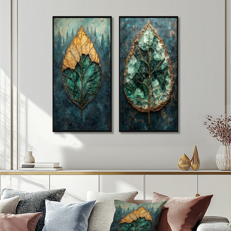 Feuilles d'émeraude modernes Enery Of The Forest I - Art mural floral, collection 2 panneaux, 28" H x 25" W