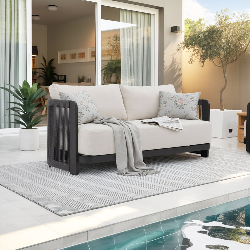 Modern Rope Woven Patio Sofa with Aluminum Frame and Wood Grain;Weather-Resistant Outdoor Conversation Set for Pool and Garden