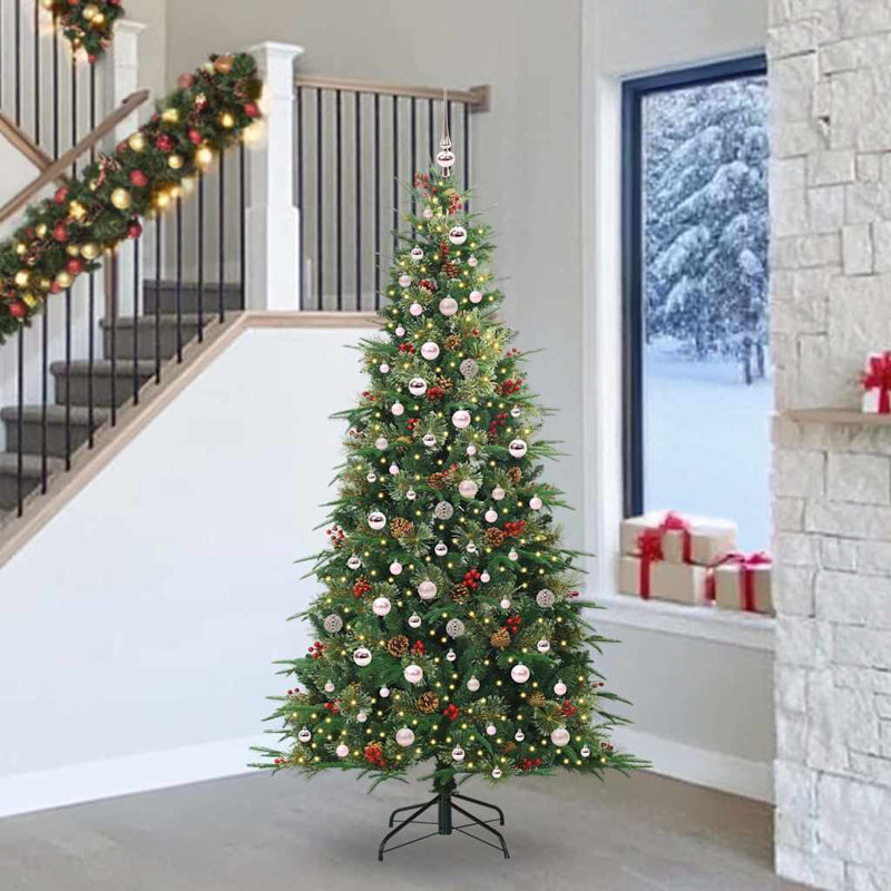 Artificial Hinged Christmas Tree Green PE and PVC, Green/Pink, 7.87' H