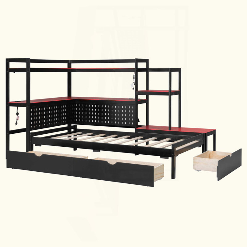  Lit de jour de jeu avec bureau intégré et lumière DEL, cadre de lit multifonctionnel avec 3 tiroirs de rangement, station de charge intégrée et tête de lit