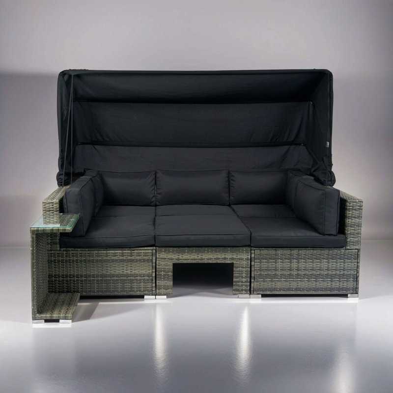 7-Piece Patio Furniture Set W/Retractable Canopy Wicker Rattan Sectional Sofa Set Patio Furniture With Washable Cushions For Lawn, Garden, Backyard, Poolside  Grey Wicker + Black Cushion