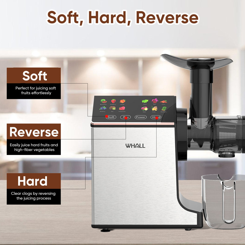 WHALL Cold Press Juicer – Easy-to-Clean Masticating Juicer with Touch Screen, Stainless Steel Design | Quiet 2-Speed Juice Extractor for Fruits & Vegetables | Includes Cleaning Brush | Silver Finish