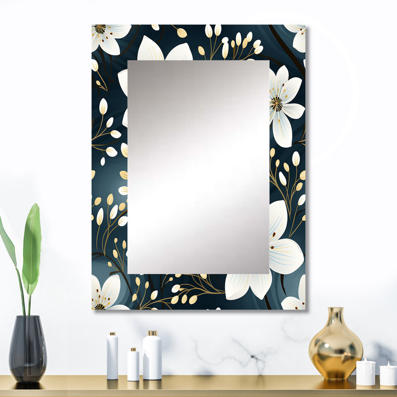 Motif floral Bairiki White Coastal Elegance - grand miroir floral, miroir mural Cottage, 32 po x 24 po