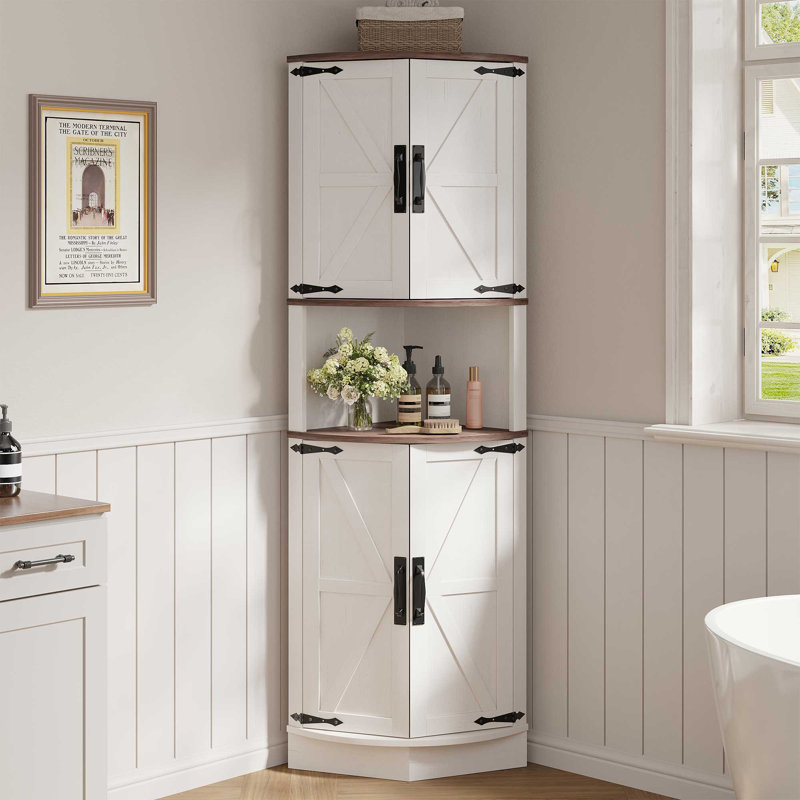 Armoire de coin Farmhouse pour le salon, la cuisine et la salle de lavage, Blanc / Brun