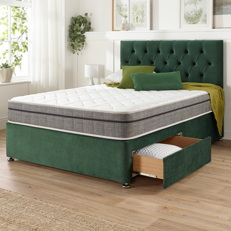 Opie Upholstered Bed with Mattress, Small Single (2'6), 2 Drawers, Pine Green