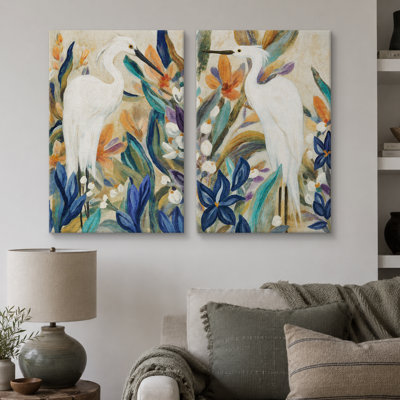 Colorful Floral Egret Bird Artwork, Living Room Pictures, Framed Canvas Giclee Print 2 Pieces Wall Art - 16"x24"x2pcs, 24"x36"x2pcs