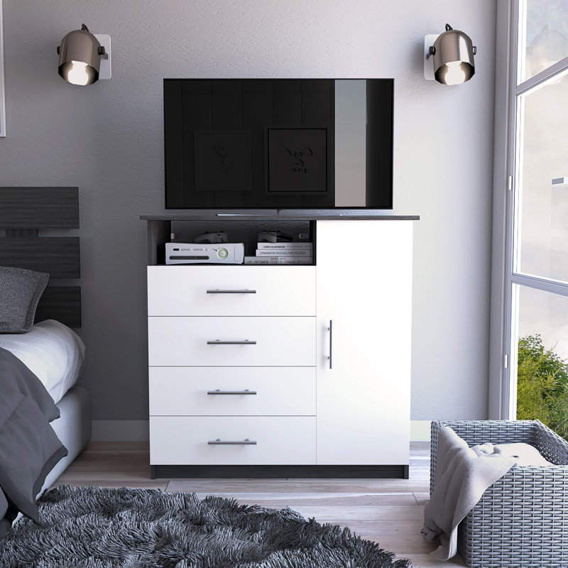 Khenadi Peru 4 Drawer Dresser with Vertical Cupboard & Open Shelf, Oak/White