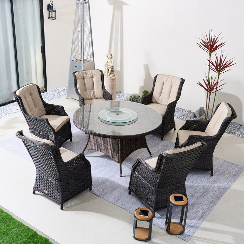 Round Outdoor Dining Set With Cushions, 6, Beige/Brown