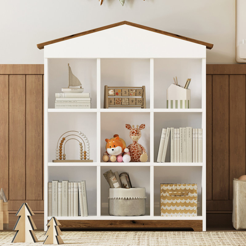 Support de rangement en forme de maison avec neuf compartiments de rangement, bibliothèque à trois couches avec un design à blocs de couleurs