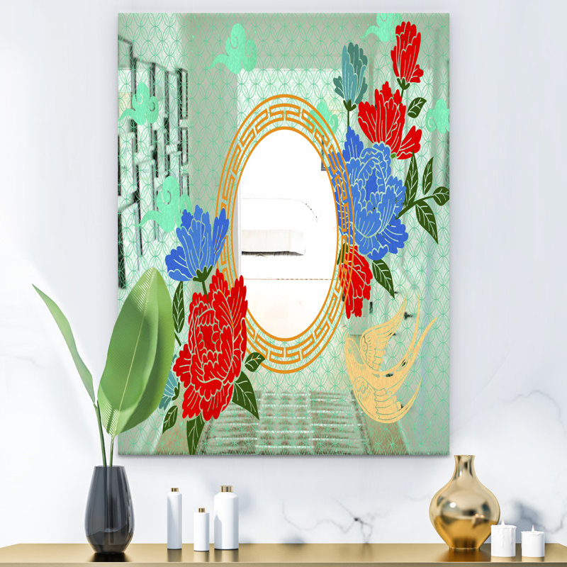 Miroir d'appoint de style chinois avec pivoine, H 24 po x l 32 po