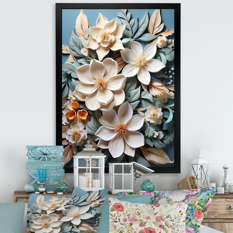 Élégant papier mâché, fleurs de plumeria, H 20 po x l 12 po x P 1 po, Cadre simple noir