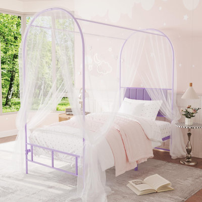 Twin Canopy Bed Frame with Upholstered Headboard and Strong Slats Support for Bedroom
