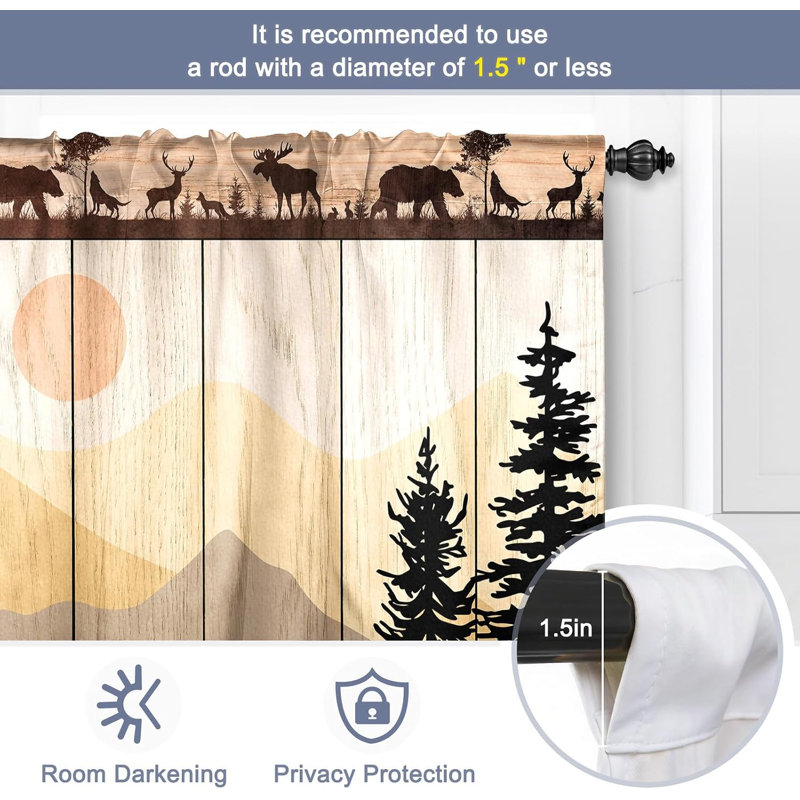 Rideau de cuisine à motif cerf, montagne, arbre, bois et soleil, avec œillets pour tringle. Ensemble de 2 panneaux.