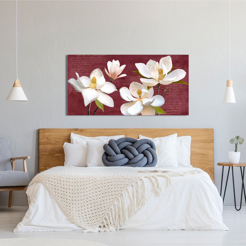Shabby Elegance Style: Burgundy Magnolia 1 Piece Wrapped Canvas Painting, 50cm H x 100cm W x 4cm D