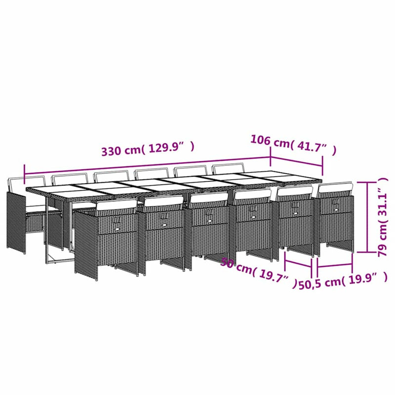 Patio Dining Set with, Cream White, 73cm H x 330cm W x 106cm D, Brown