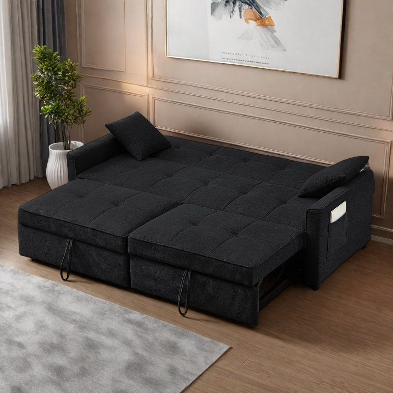 3 In 1 Convertible Sleeper Sofa Bed With Reclining Backrest, Pillows And Side Pockets, Black