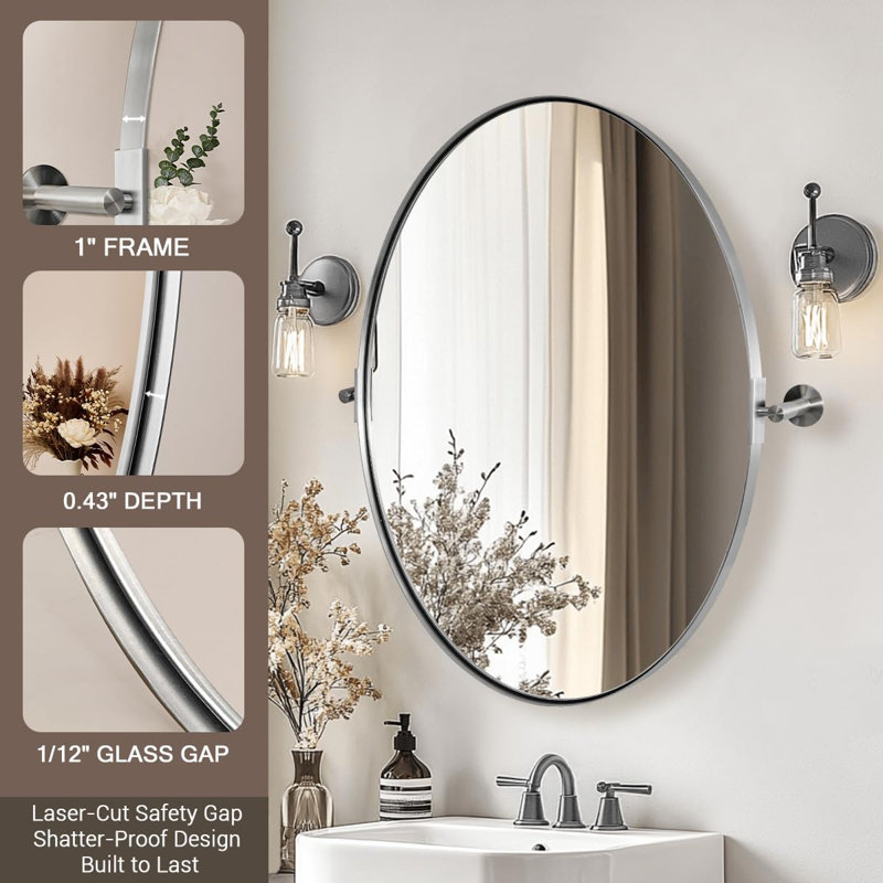  Tilting Oval Bathroom Vanity Wall Mirror | Adjustable Pivot Stainless Steel Frame, Brushed Nickel, 34" x 22"