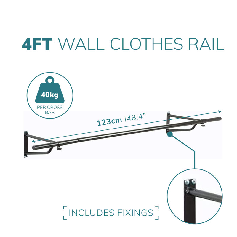 4ft Clothes Rail Black Wall Mounted Garment Hanging Wardrobe Rack Storage