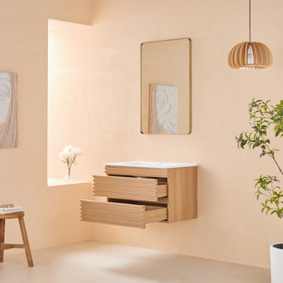 Meuble-lavabo mural de 30 po avec lavabo en céramique. Aspect noyer naturel. Entièrement assemblé. Tiroirs d'organisation efficaces. Fabrication en contreplaqué. Installation facile. Dessus propre. Armoire à conception stratifiée
