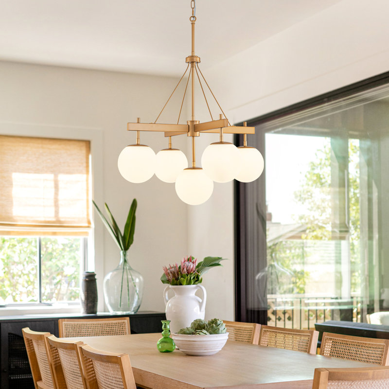 Lustre spoutnik 5 lumières à intensité variable sphérique avec globe en verre opale, Doré