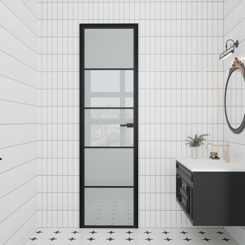 Panneau de porte intérieur en verre givré Aluminun 5-Lite avec cadre et bouton Aluminun, H 80 po x l 24 po, Oui