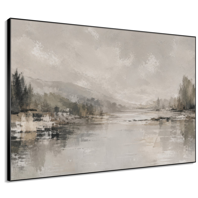 Très grand art mural imprimé sur toile - Paysage de lac gris brumeux, décor de chambre minimaliste - "Assemblage requis (cadre non fini)"